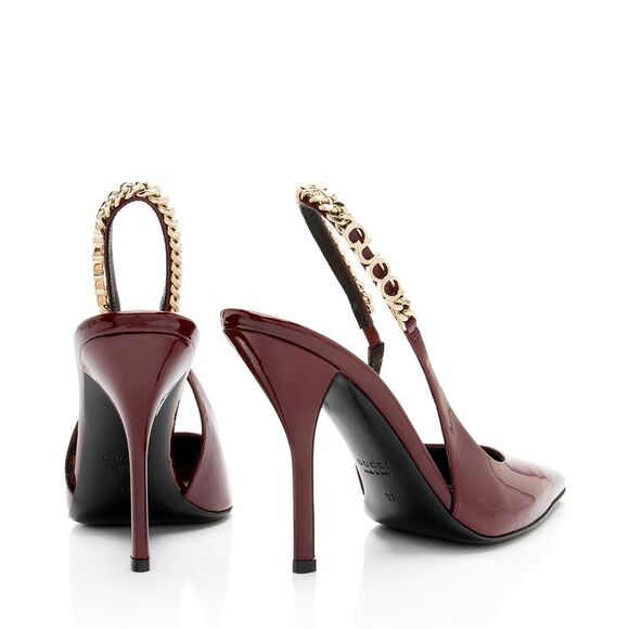 Gucci Patent Leather Chain Logo Signoria Slingback Pumps - Size 7 / 37 - Picture 3 of 8